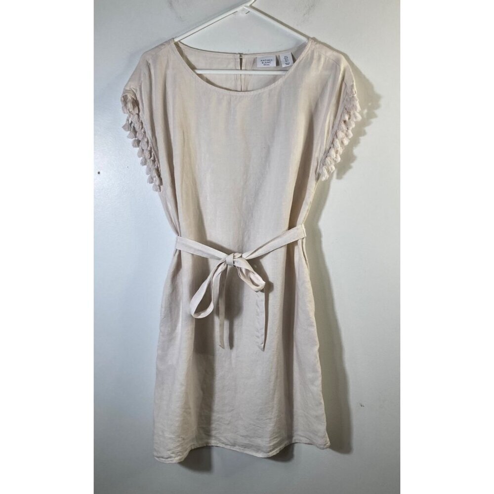 Womens Anthropologie Antibes Blanc Linen Dress‎ Tassel Sleeve Boho Cream S